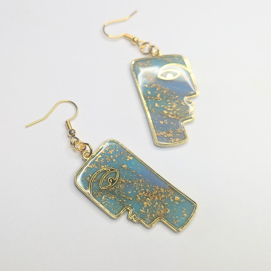 Teal & Gold Flake Glow in the Dark Face Drop Earrings, Polymer Clay Jewellery
