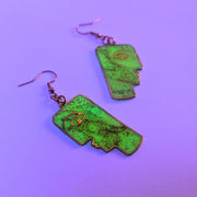 Teal & Gold Flake Glow in the Dark Face Drop Earrings, Polymer Clay Jewellery