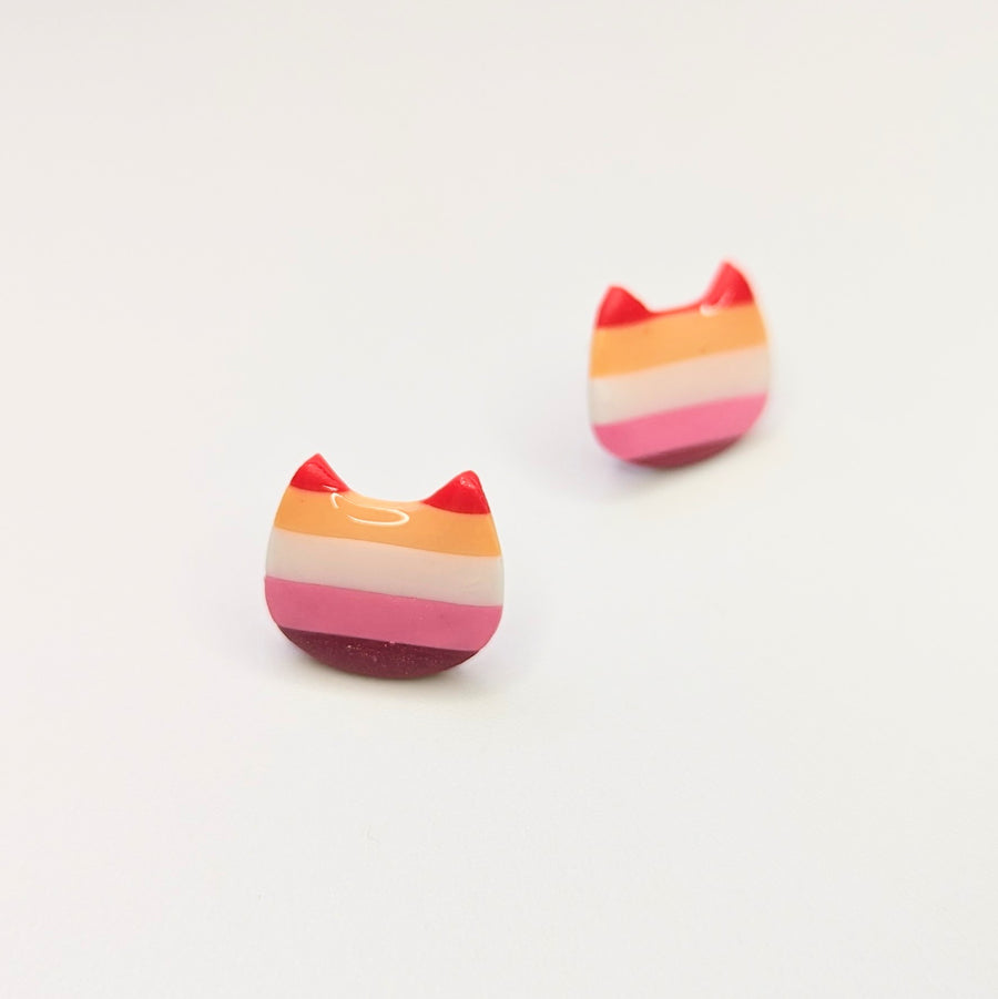 Lesbian Flag Cat Face LGBTQ+ Pride Polymer Clay Stud Earrings