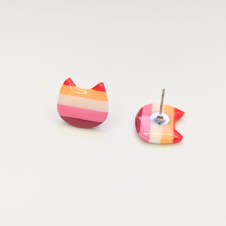Lesbian Flag Cat Face LGBTQ+ Pride Polymer Clay Stud Earrings