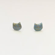 Teal & Gold Flake Glow in the Dark Cute Cat Face Stud Earrings