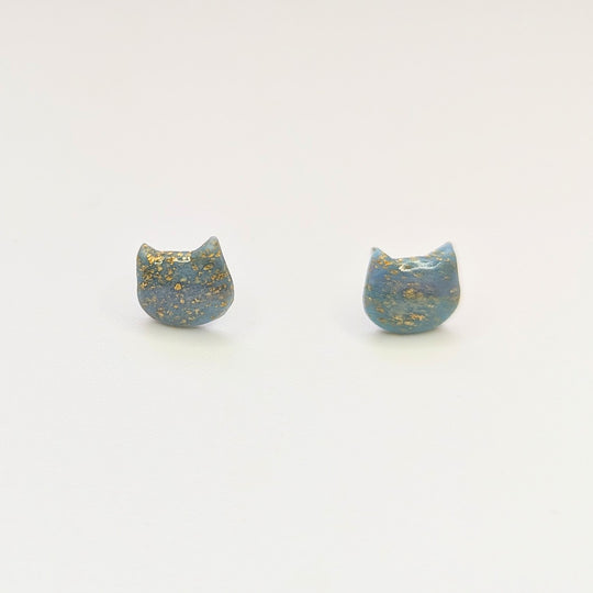 Teal & Gold Flake Glow in the Dark Cute Cat Face Stud Earrings