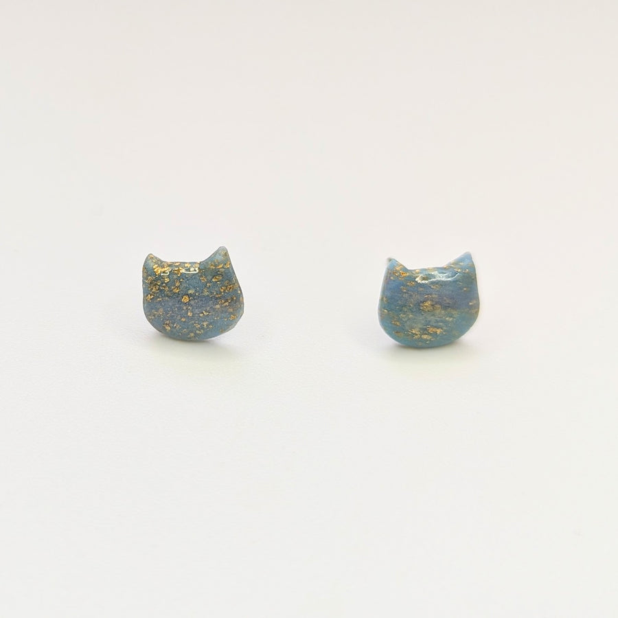 Teal & Gold Flake Glow in the Dark Cute Cat Face Stud Earrings