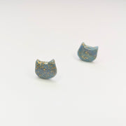 Teal & Gold Flake Glow in the Dark Cute Cat Face Stud Earrings