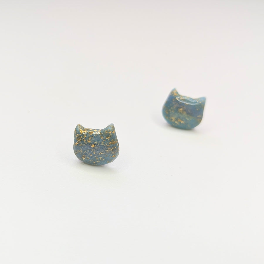Teal & Gold Flake Glow in the Dark Cute Cat Face Stud Earrings