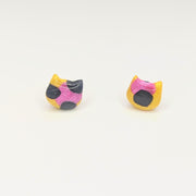 Sparkly Yellow & Pink Leopard Print Cute Cat Face Stud Earrings
