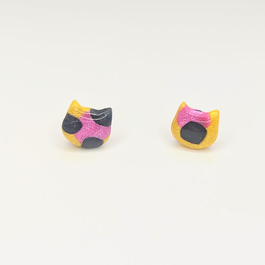 Sparkly Yellow & Pink Leopard Print Cute Cat Face Stud Earrings