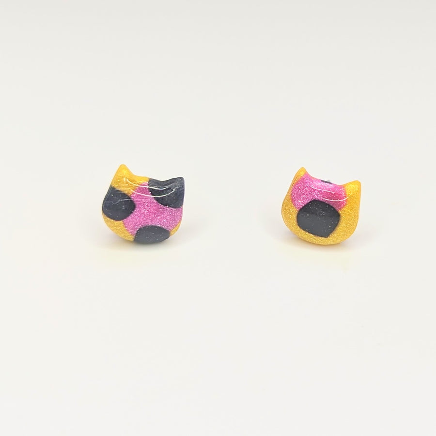 Sparkly Yellow & Pink Leopard Print Cute Cat Face Stud Earrings