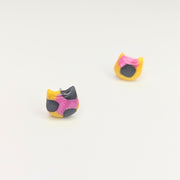 Sparkly Yellow & Pink Leopard Print Cute Cat Face Stud Earrings