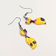 Sparkly Yellow & Pink Leopard Print Slender Cat Drop Earrings, Polymer Clay Jewellery