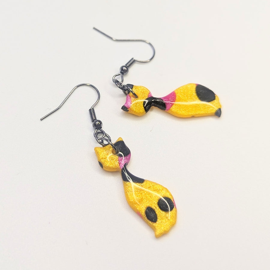 Sparkly Yellow & Pink Leopard Print Slender Cat Drop Earrings, Polymer Clay Jewellery