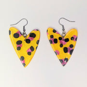 Oversized Sparkly Yellow & Pink Leopard Print Wonky Heart Drop Earrings, Polymer Clay Jewellery