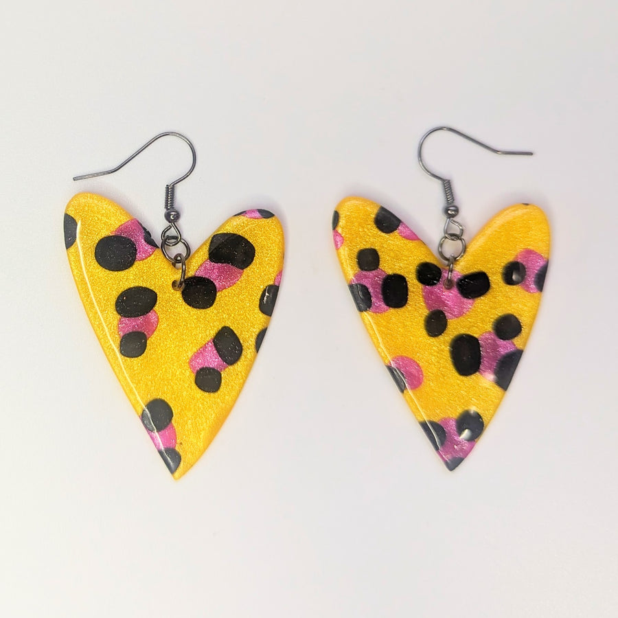 Oversized Sparkly Yellow & Pink Leopard Print Wonky Heart Drop Earrings, Polymer Clay Jewellery
