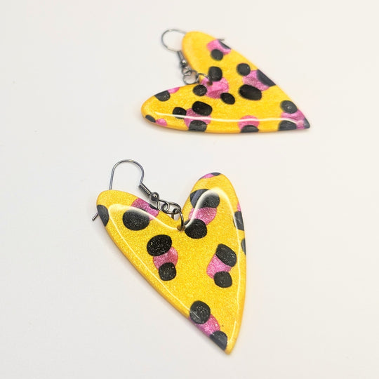 Oversized Sparkly Yellow & Pink Leopard Print Wonky Heart Drop Earrings, Polymer Clay Jewellery