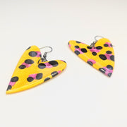 Oversized Sparkly Yellow & Pink Leopard Print Wonky Heart Drop Earrings, Polymer Clay Jewellery