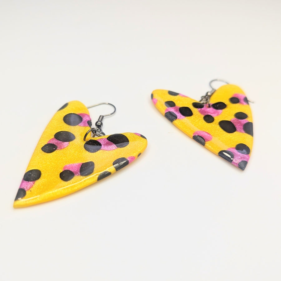 Oversized Sparkly Yellow & Pink Leopard Print Wonky Heart Drop Earrings, Polymer Clay Jewellery