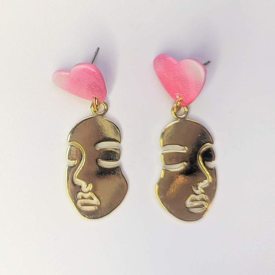 Sparkly Marbled Pink & White Topped Golden Face Earrings