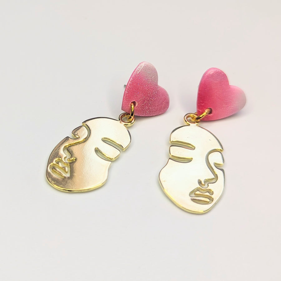 Sparkly Marbled Pink & White Topped Golden Face Earrings