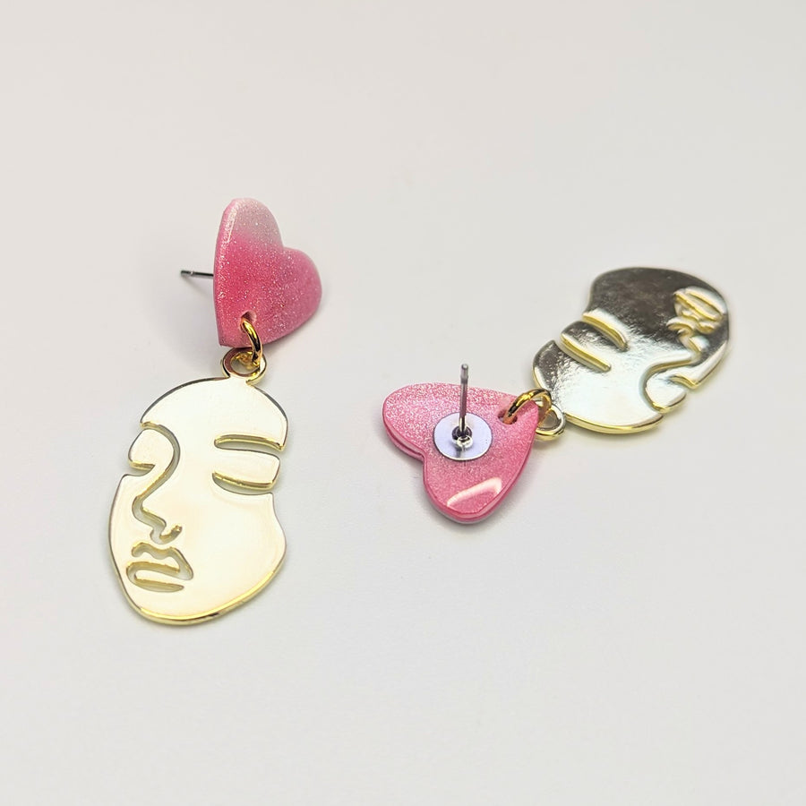 Sparkly Marbled Pink & White Topped Golden Face Earrings