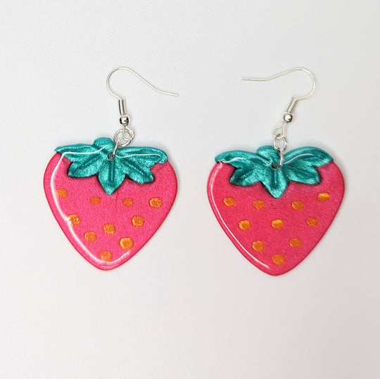 Oversized Sparkly Strawberry Drop Earrings, Polymer Clay Jewellery