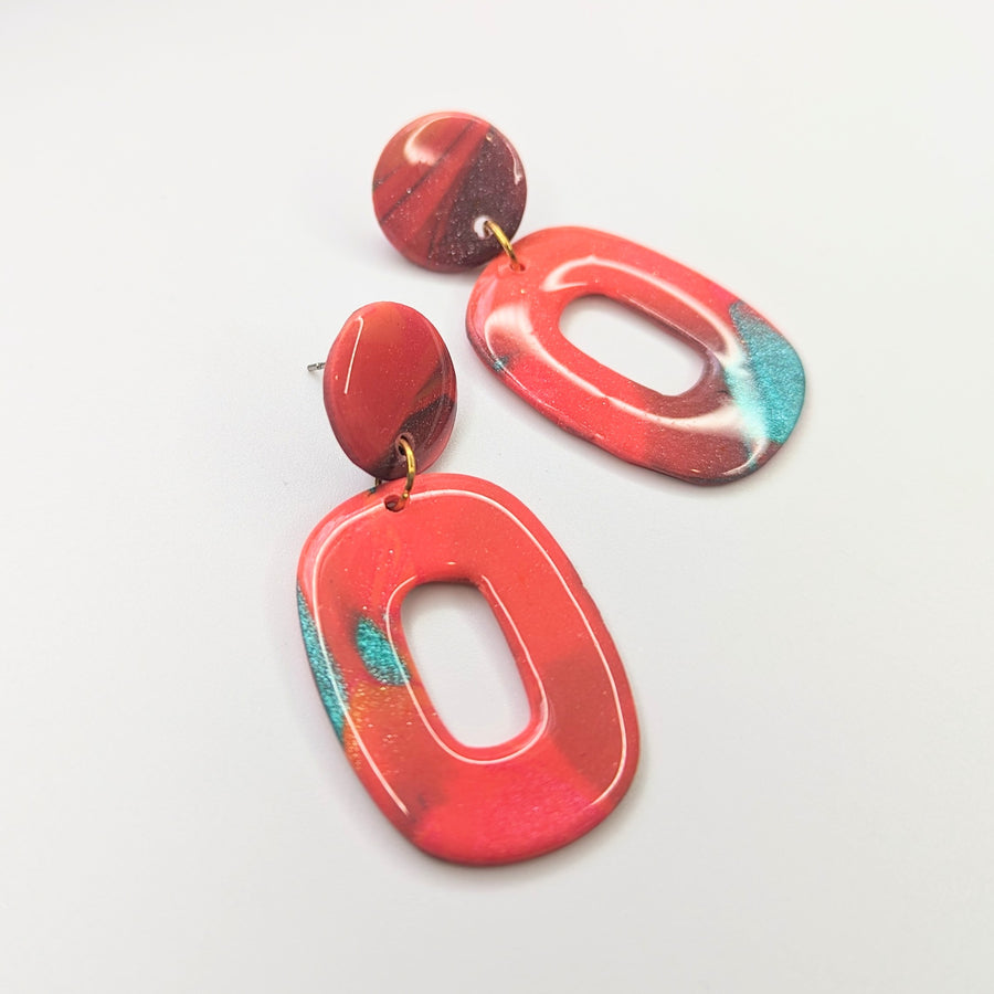 Marbled Rich Peach & Green Oval Trapeze Earrings, Polymer Clay Jewellery