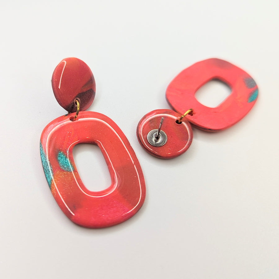 Marbled Rich Peach & Green Oval Trapeze Earrings, Polymer Clay Jewellery