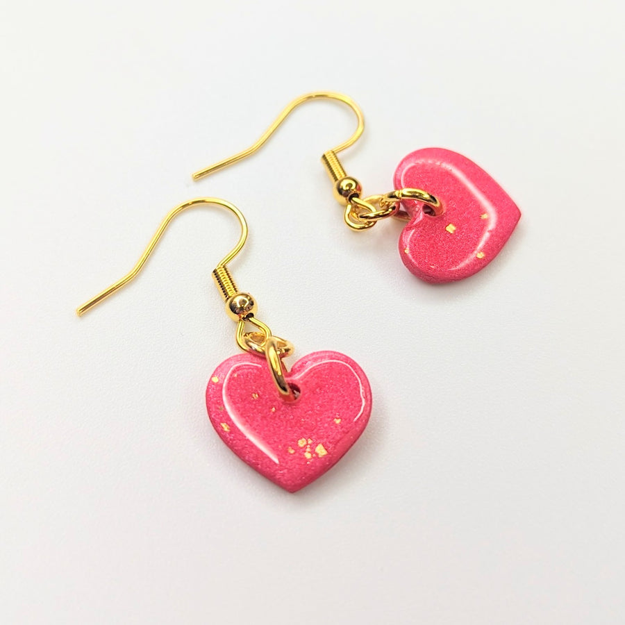 Cute Sparkly Red with Gold Speckles Heart Drop Earrings, Polymer Clay Jewellery