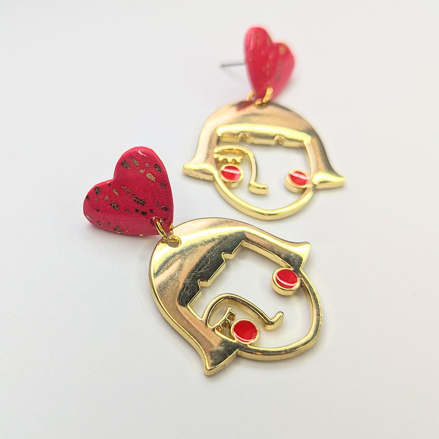 Sparkly Red & Gold Flake Heart Topped Face Drop Earrings, Polymer Clay Jewellery