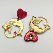 Sparkly Red & Gold Flake Heart Topped Face Drop Earrings, Polymer Clay Jewellery