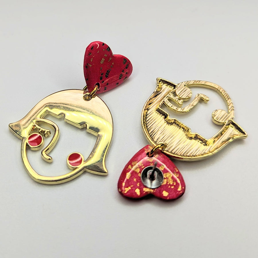 Sparkly Red & Gold Flake Heart Topped Face Drop Earrings, Polymer Clay Jewellery