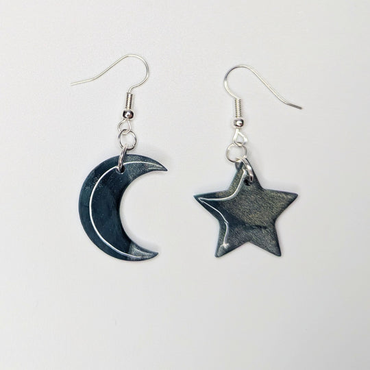 Sparkly Marbled Silver & Blue Star & Moon Drop Earrings