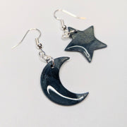 Sparkly Marbled Silver & Blue Star & Moon Drop Earrings