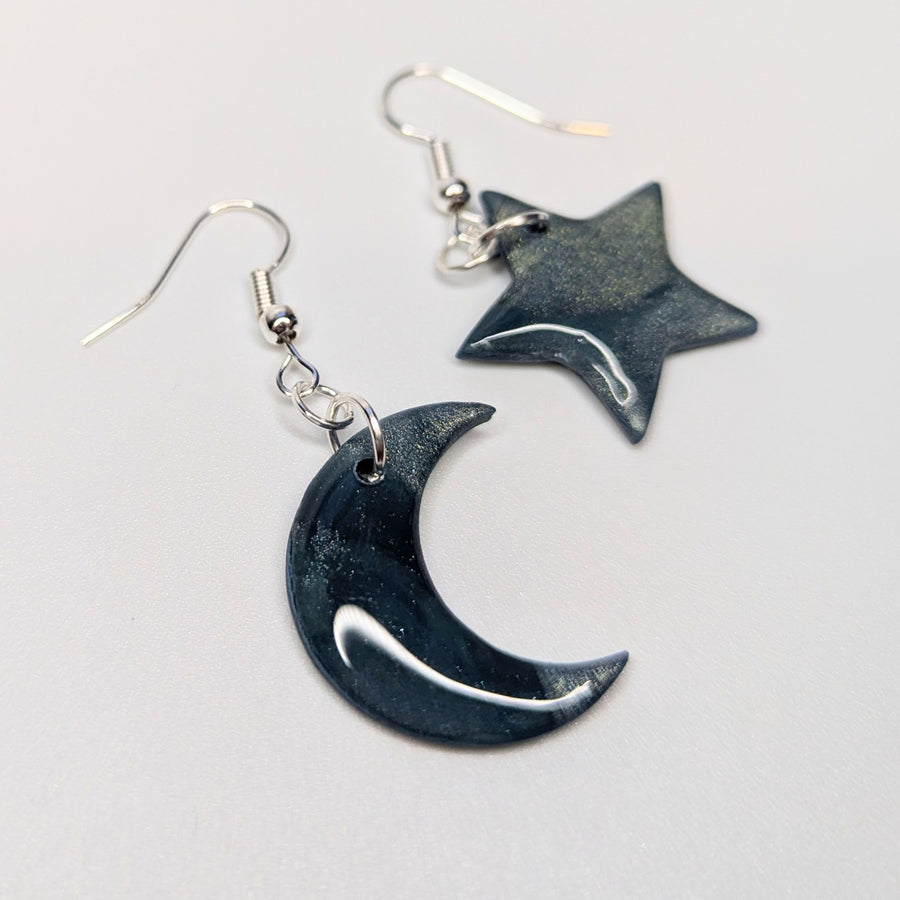 Sparkly Marbled Silver & Blue Star & Moon Drop Earrings