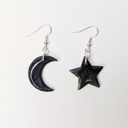 Sparkly Marbled Black & Green Star & Moon Drop Earrings