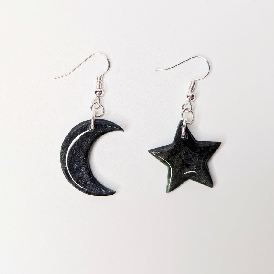 Sparkly Marbled Black & Green Star & Moon Drop Earrings