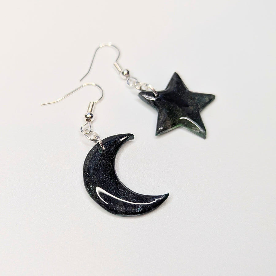 Sparkly Marbled Black & Green Star & Moon Drop Earrings