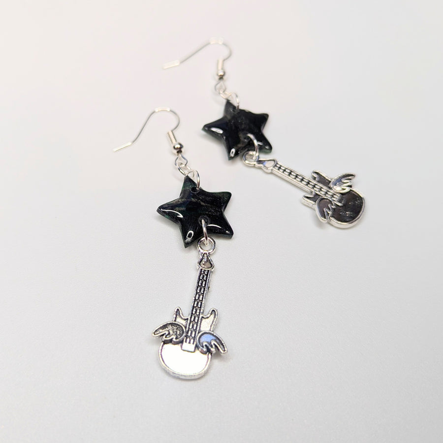 Sparkly Marbled Black & Green Star Topped Winged Guitar Charm Trapeze Earrings