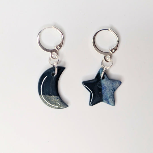 Sparkly Marbled Silver & Blue Star & Moon Huggie Hoop Earrings, Polymer Clay Jewellery