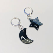 Sparkly Marbled Silver & Blue Star & Moon Huggie Hoop Earrings, Polymer Clay Jewellery