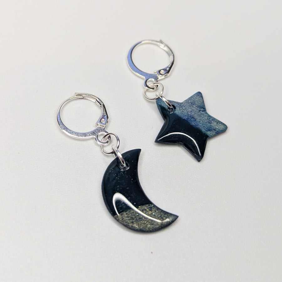 Sparkly Marbled Silver & Blue Star & Moon Huggie Hoop Earrings, Polymer Clay Jewellery