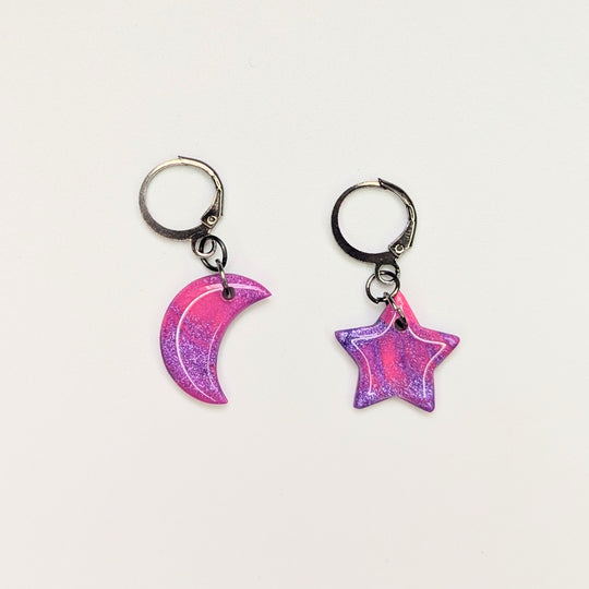 Marbled Neon Pink & Sparkly Purple Moon & Star Huggie Hoop Earrings