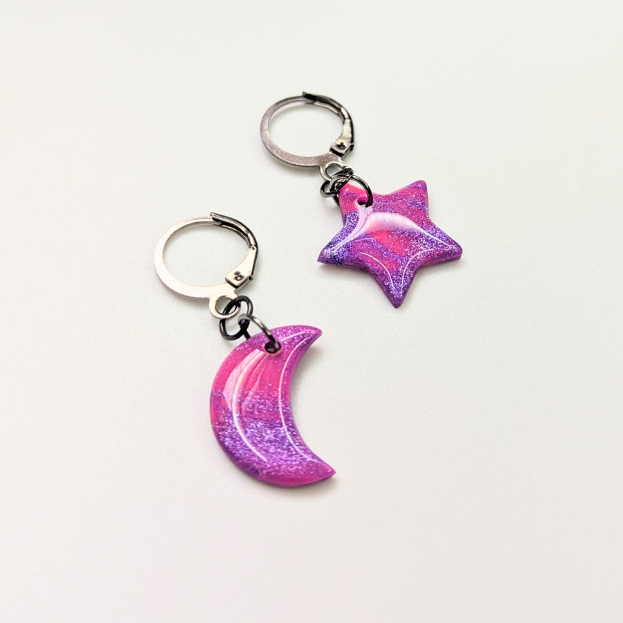 Marbled Neon Pink & Sparkly Purple Moon & Star Huggie Hoop Earrings
