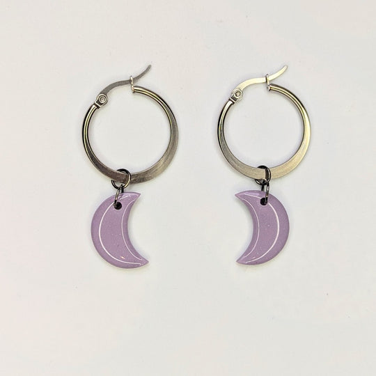 Sparkly Lilac Moon Hoop Earrings, Polymer Clay Jewellery