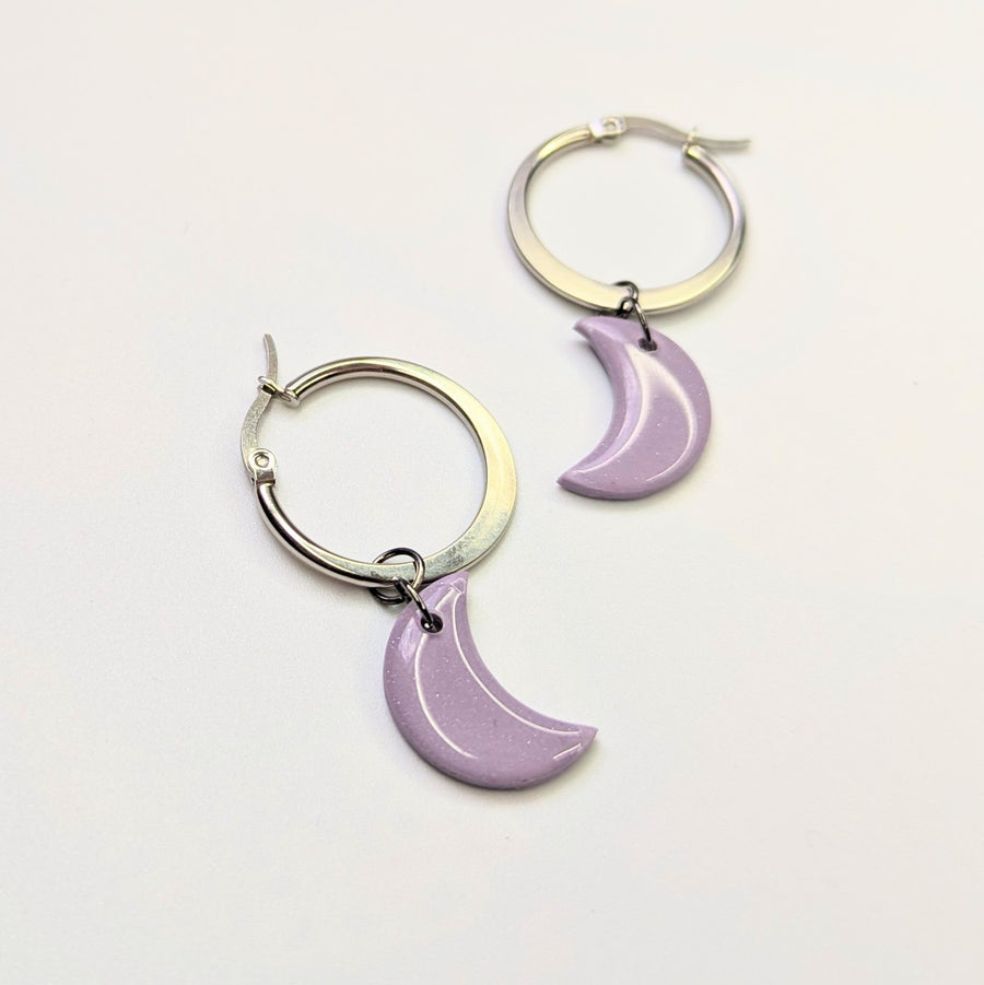 Sparkly Lilac Moon Hoop Earrings, Polymer Clay Jewellery