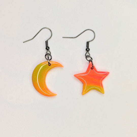 Marbled Neon Star & Moon Drop Earrings