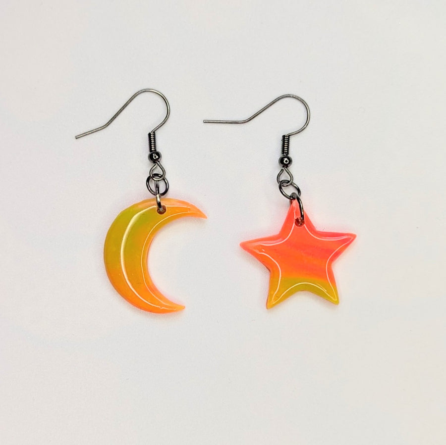 Marbled Neon Star & Moon Drop Earrings