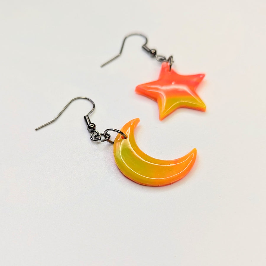 Marbled Neon Star & Moon Drop Earrings