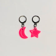 Marbled Neon Star & Moon Huggie Hoop Earrings, Polymer Clay Jewellery