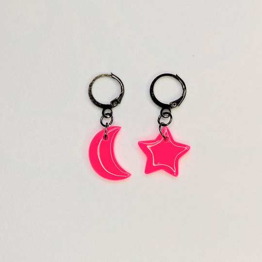Marbled Neon Star & Moon Huggie Hoop Earrings, Polymer Clay Jewellery