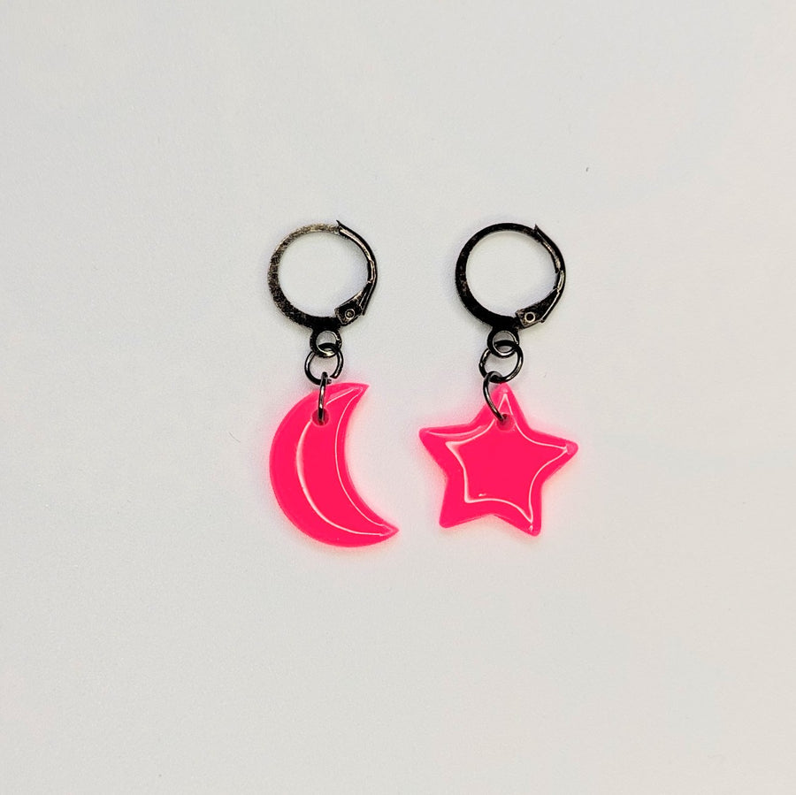 Marbled Neon Star & Moon Huggie Hoop Earrings, Polymer Clay Jewellery